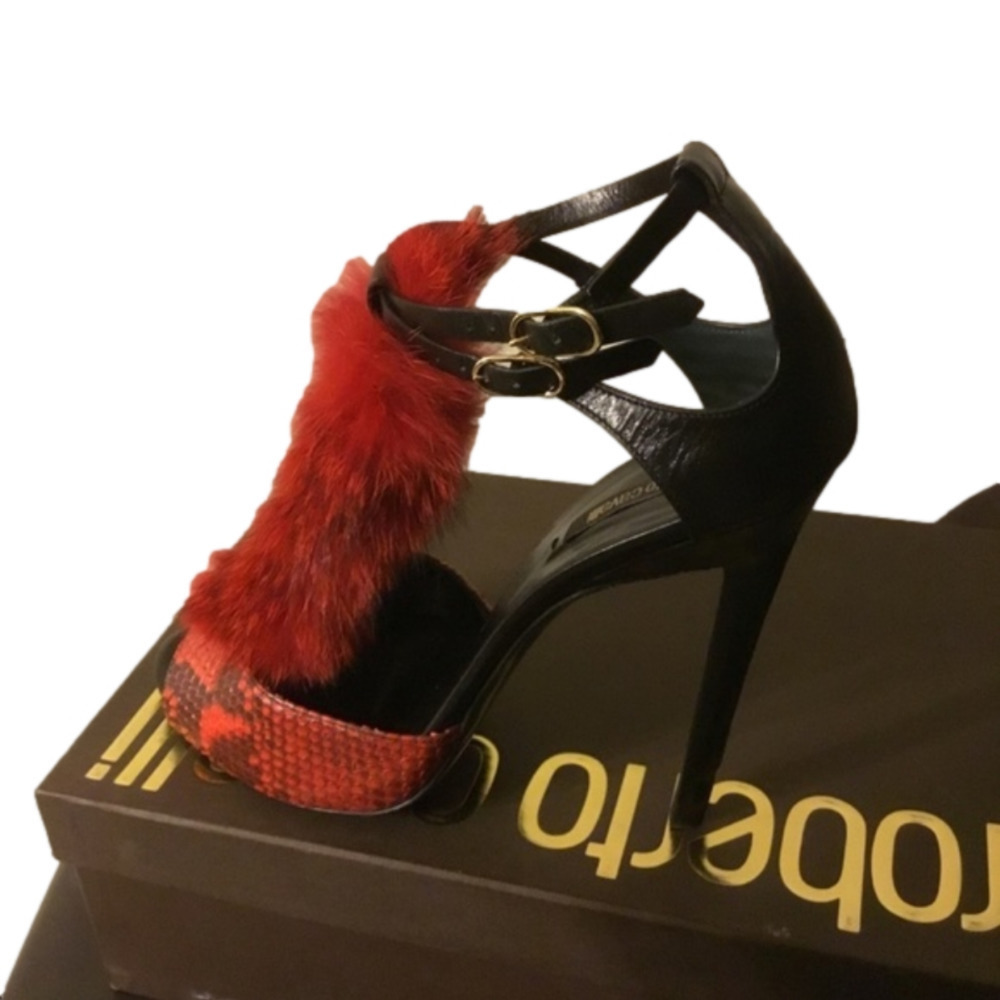 ROBERTO CAVALLI PYTHON & SILVER FOX FUR‎ SANDALS SIZE 11